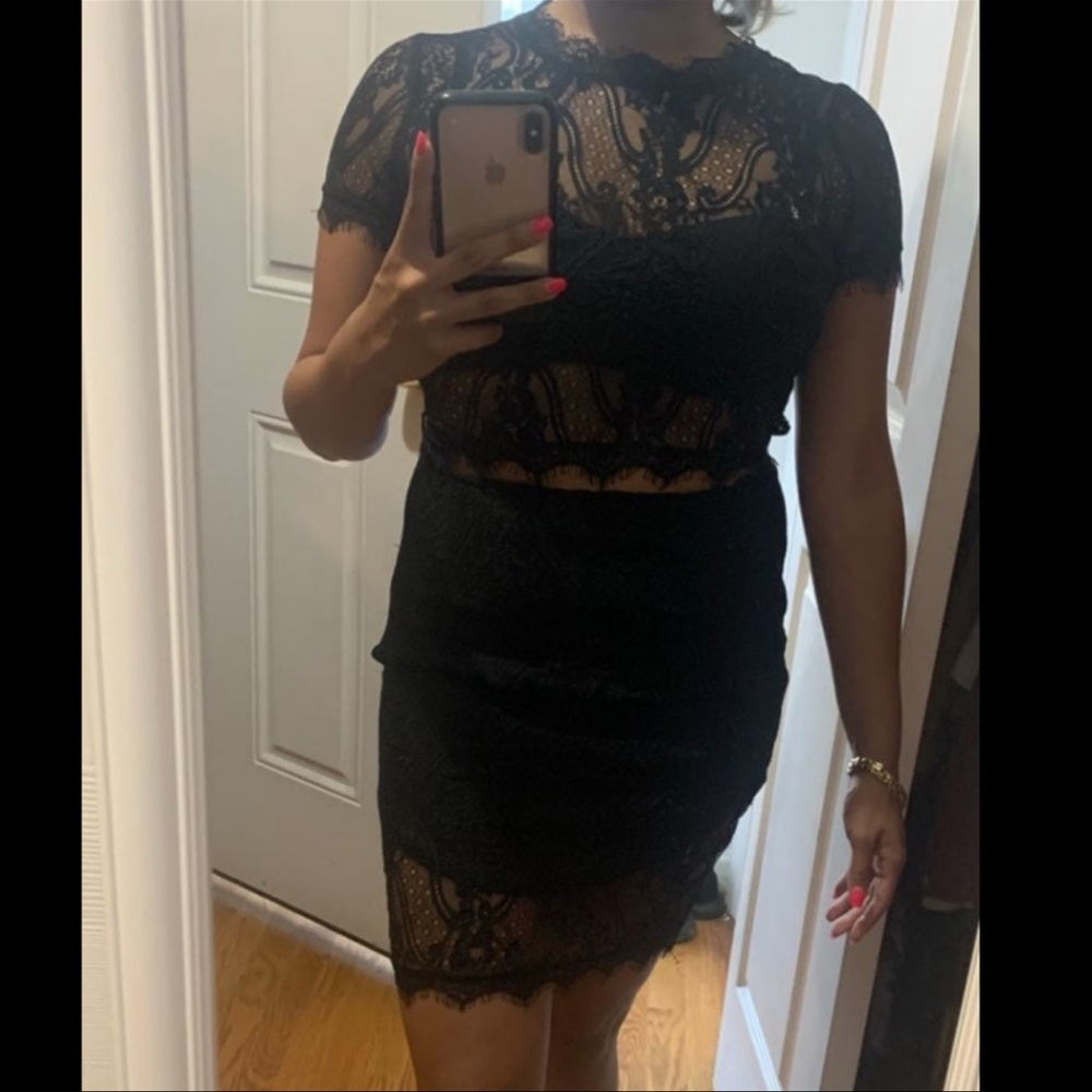 TOBI Two Piece Black Lace Top and Skirt Set
